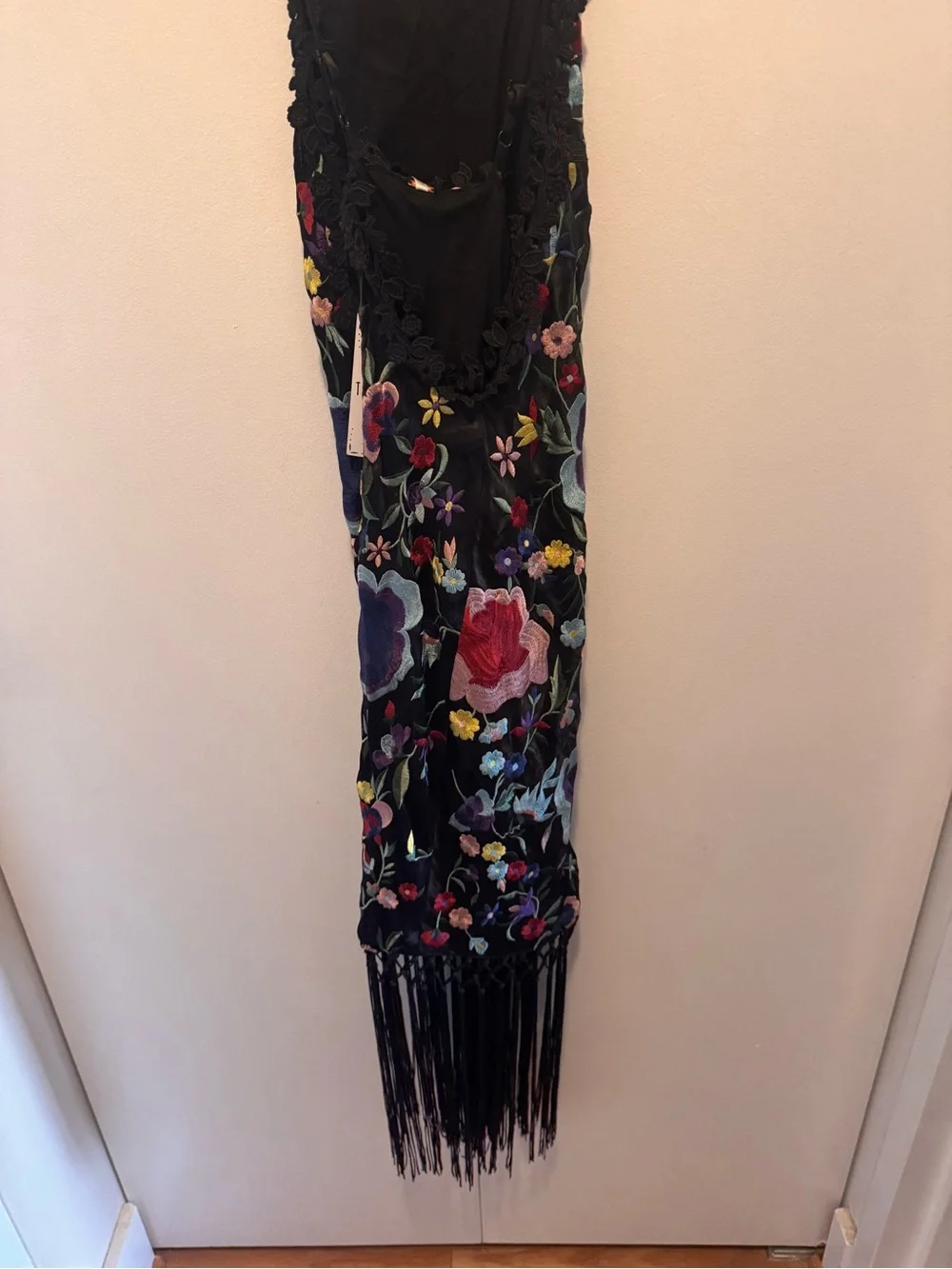NWT Free People Black Floral Embroidered Fringe Mini Dress